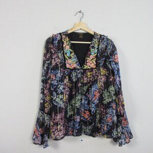 Anthropologie Vineet Bahl Long Sleeve Blouse Women S Black Floral Boho 182